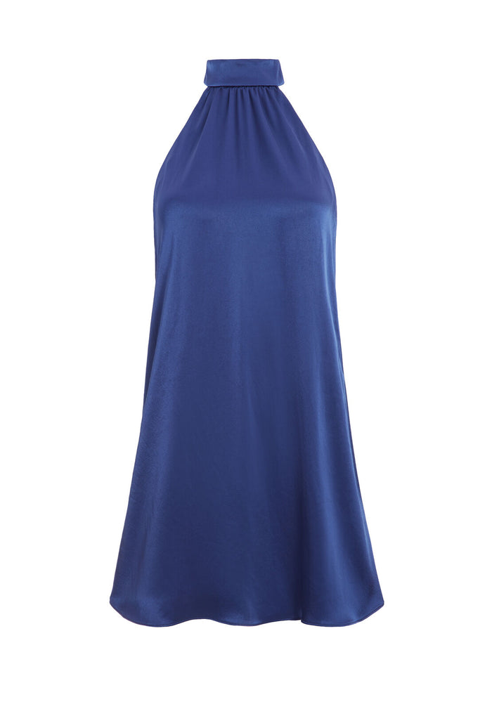 CRYSTAL TIE NECK HALTER MINI DRESS - AZURE