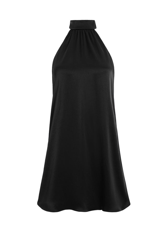CRYSTAL TIE NECK HALTER MINI DRESS - BLACK