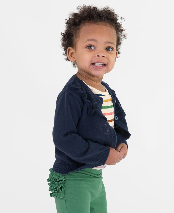 Dark Navy Sweater Knit Ruffle Trim Cardigan