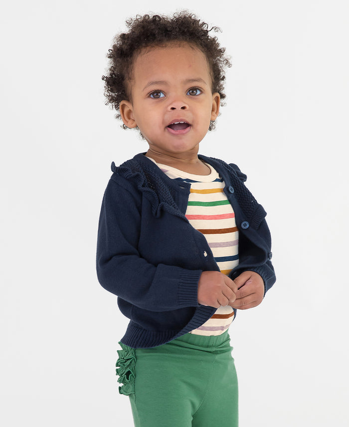 Dark Navy Sweater Knit Ruffle Trim Cardigan