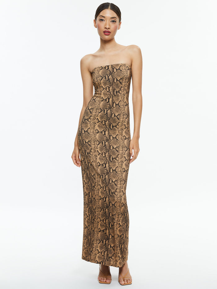 DELORA STRAPLESS MAXI DRESS - CAMEL/BLACK SNAKE