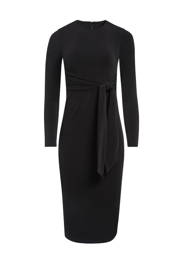 DELORA TIE WAIST MIDI DRESS - BLACK