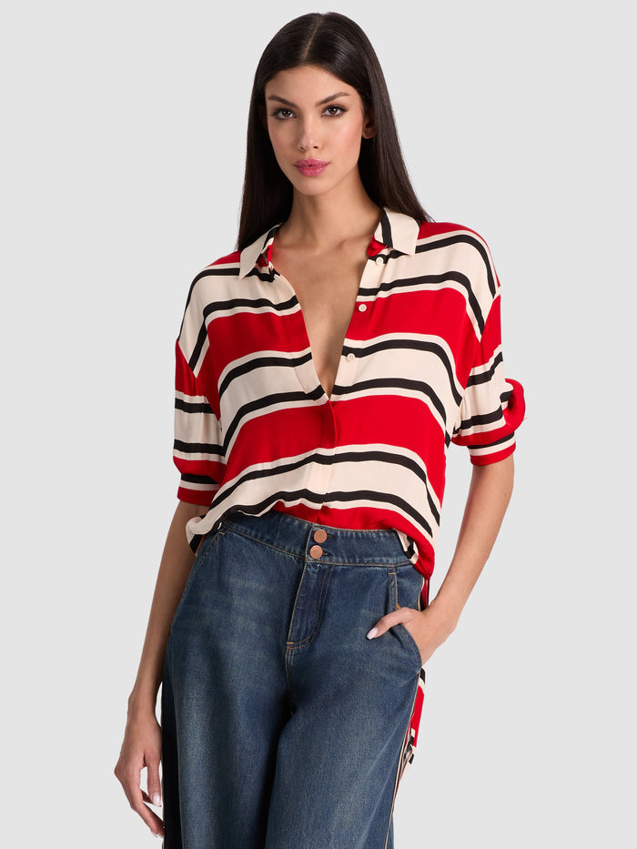 DIMITRA OVERSIZED BUTTON DOWN - PERFECT RUBY/BLACK/BISCOTTI