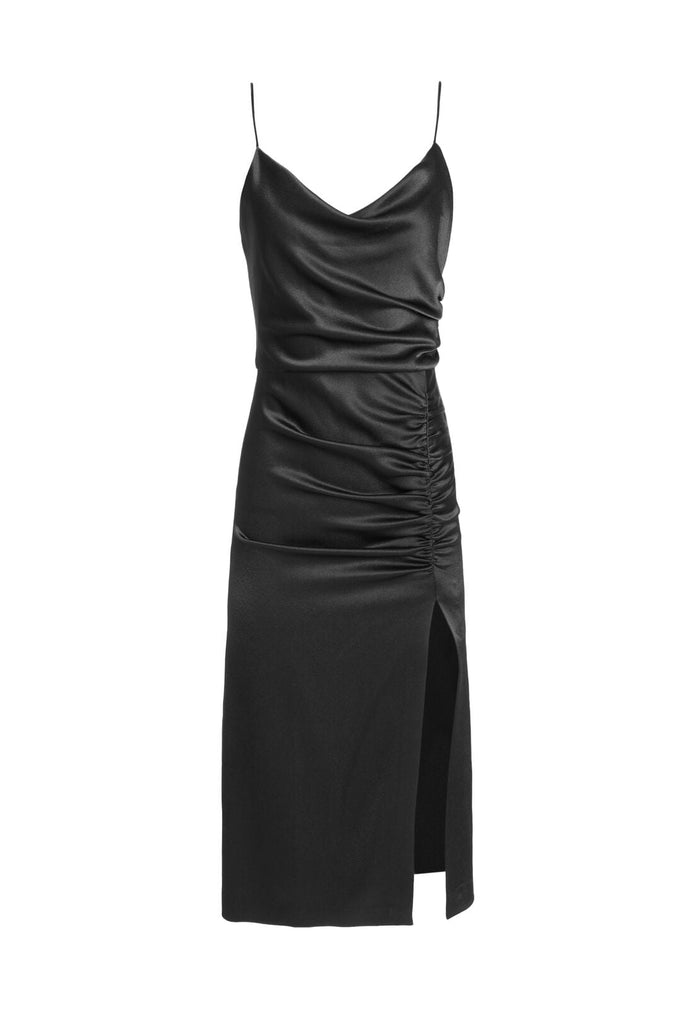 DION RUCHED MIDI SLIP DRESS - BLACK