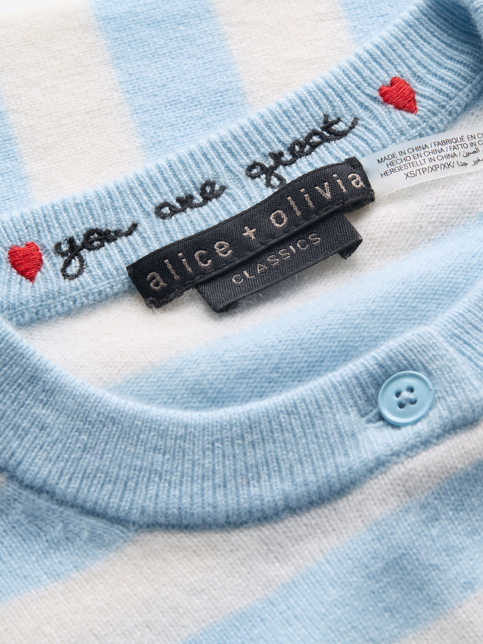 DOLLIE STRIPED CASHMERE CARDIGAN - CAROLINA BLUE/ECRU