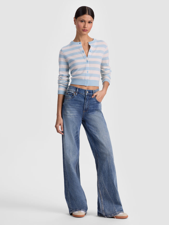 DOLLIE STRIPED CASHMERE CARDIGAN - CAROLINA BLUE/ECRU