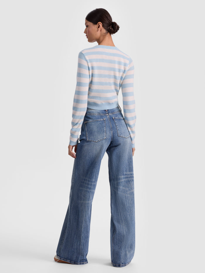 DOLLIE STRIPED CASHMERE CARDIGAN - CAROLINA BLUE/ECRU