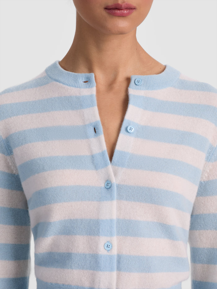 DOLLIE STRIPED CASHMERE CARDIGAN - CAROLINA BLUE/ECRU
