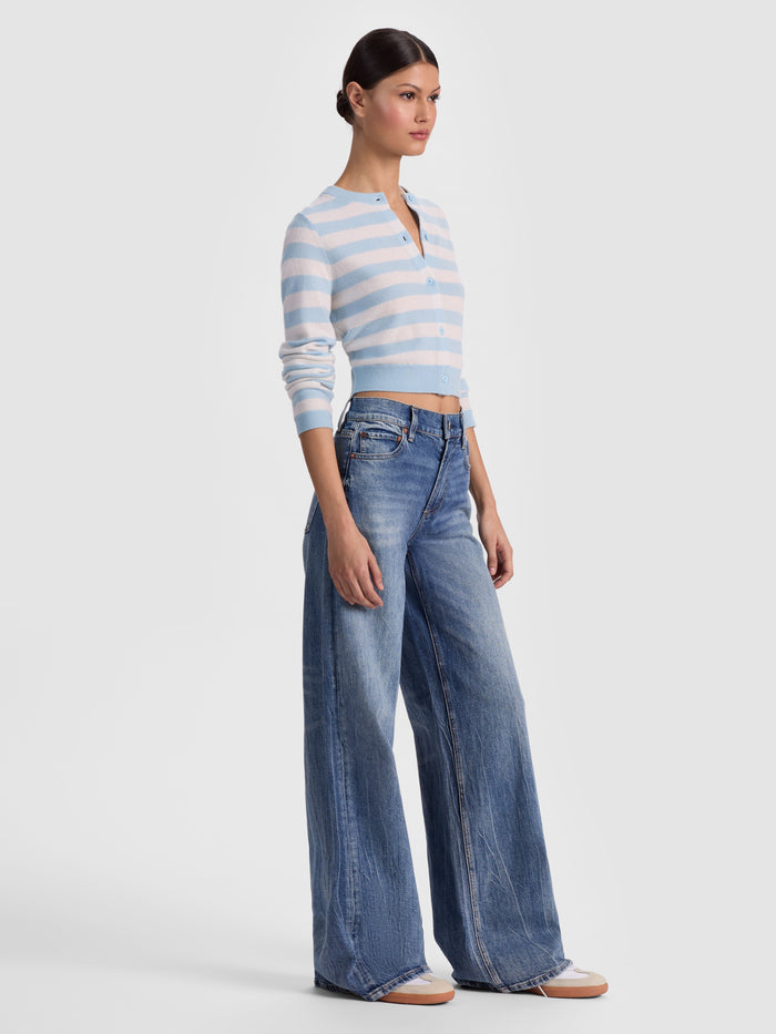 DOLLIE STRIPED CASHMERE CARDIGAN - CAROLINA BLUE/ECRU
