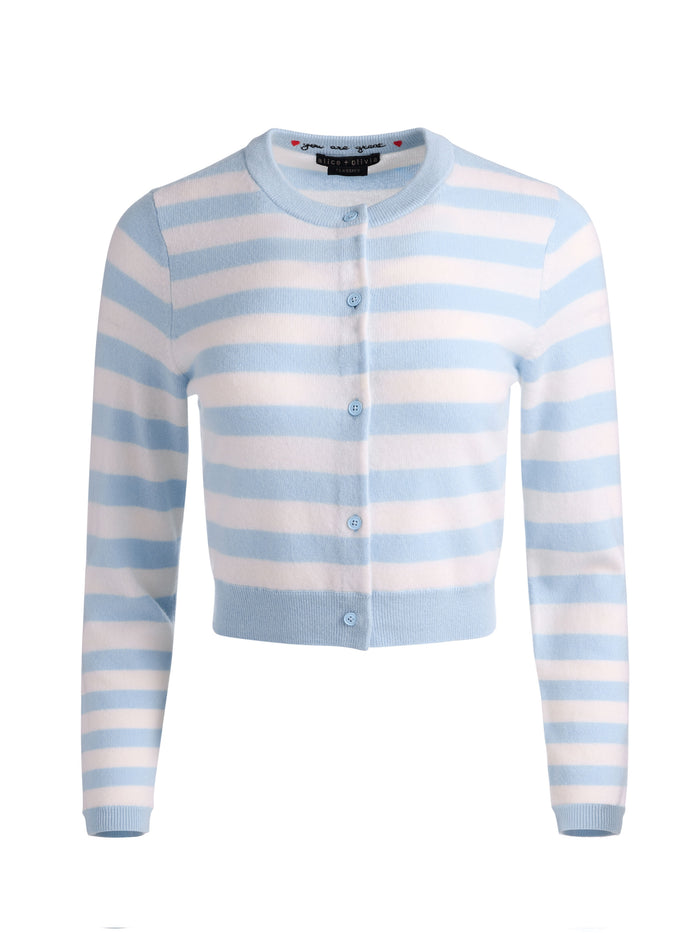 DOLLIE STRIPED CASHMERE CARDIGAN - CAROLINA BLUE/ECRU