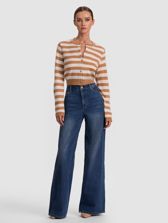 DOLLIE STRIPED CASHMERE CARDIGAN - PRALINE/ECRU