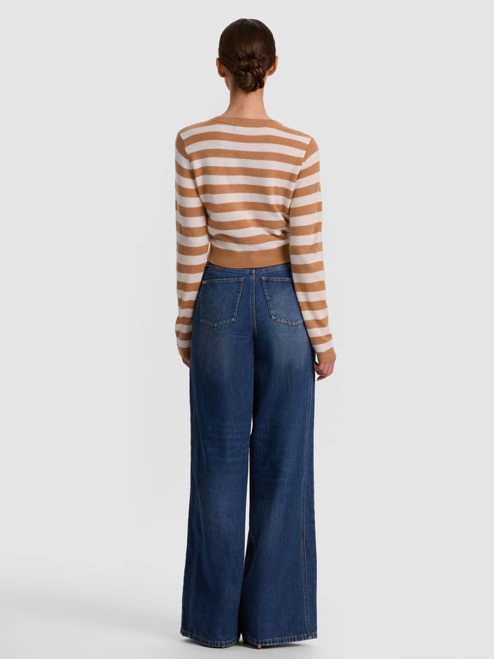 DOLLIE STRIPED CASHMERE CARDIGAN - PRALINE/ECRU