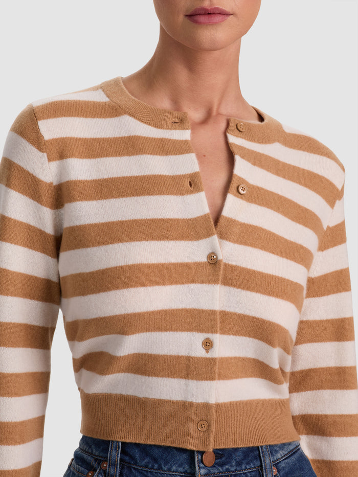 DOLLIE STRIPED CASHMERE CARDIGAN - PRALINE/ECRU