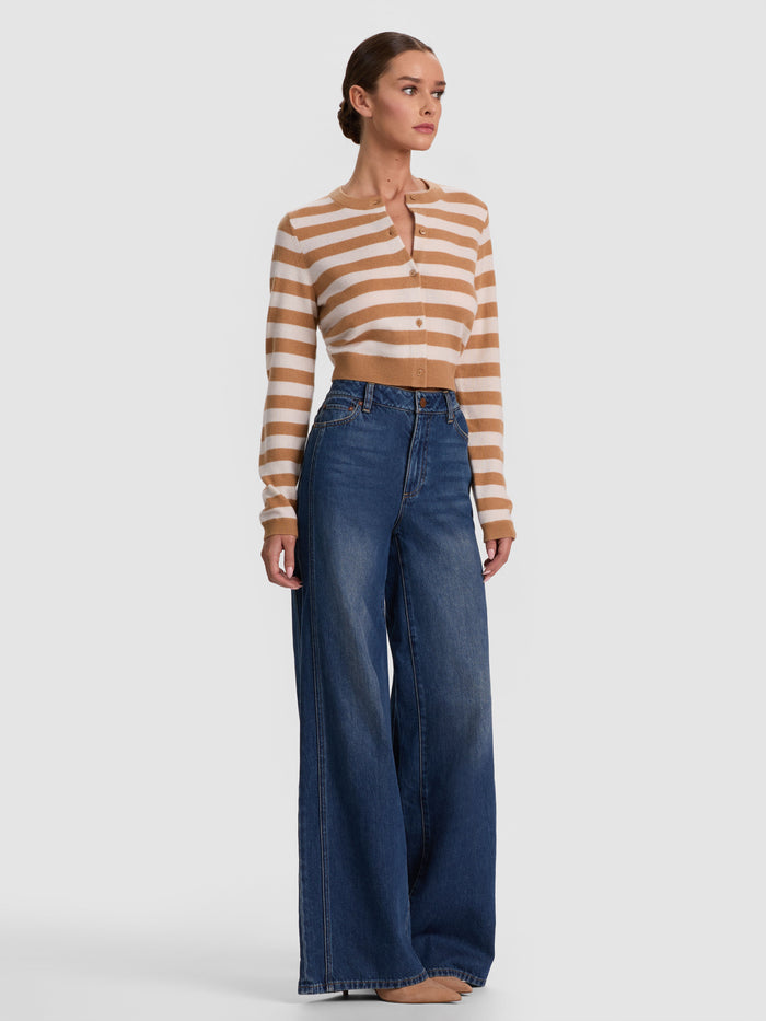 DOLLIE STRIPED CASHMERE CARDIGAN - PRALINE/ECRU