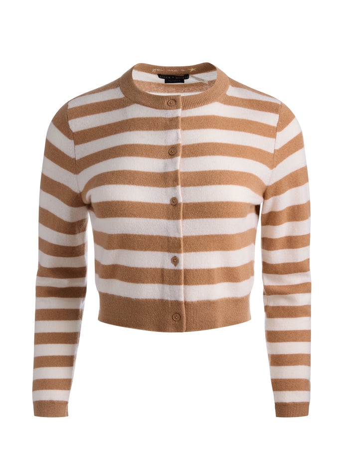 DOLLIE STRIPED CASHMERE CARDIGAN - PRALINE/ECRU