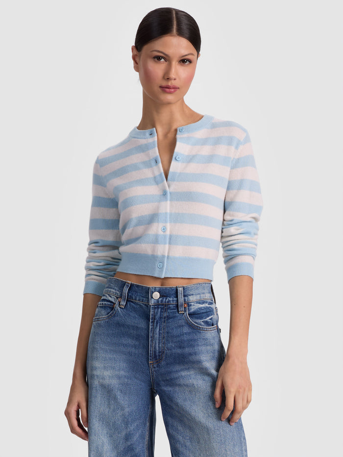 DOLLIE STRIPED CASHMERE CARDIGAN - CAROLINA BLUE/ECRU