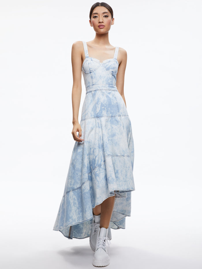 DONELLA DENIM HIGH LOW DRESS - SPARKY INDIGO BLEACH TIE DYE