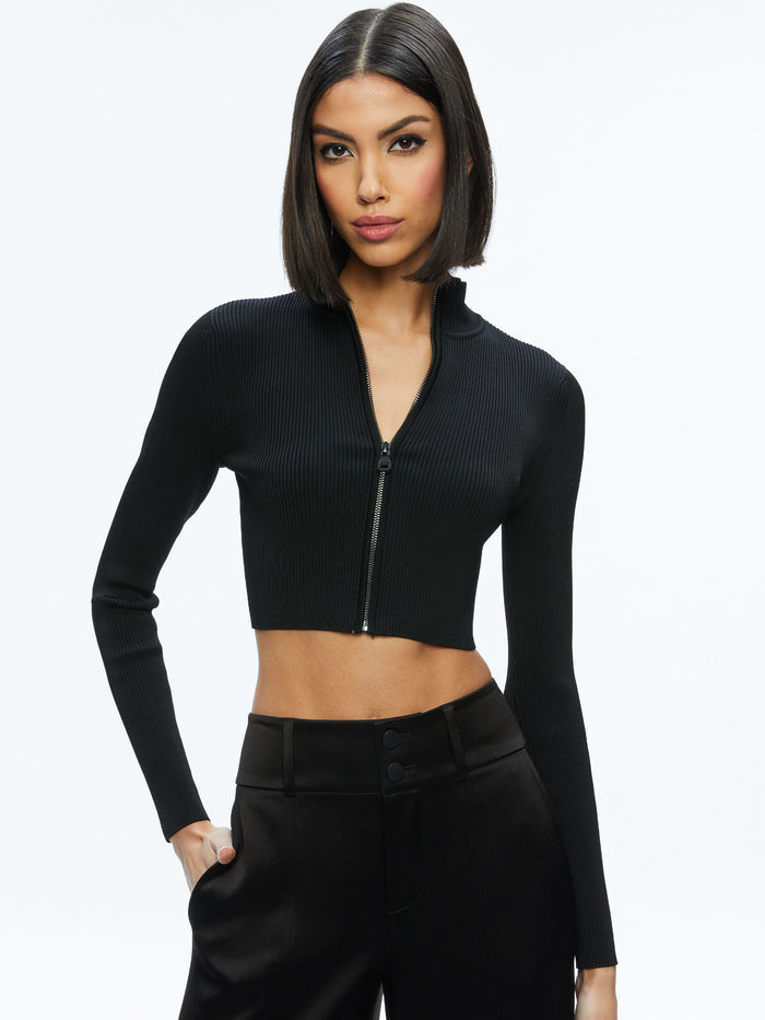 DORRIS RIBBED ZIP UP CARDIGAN - BLACK