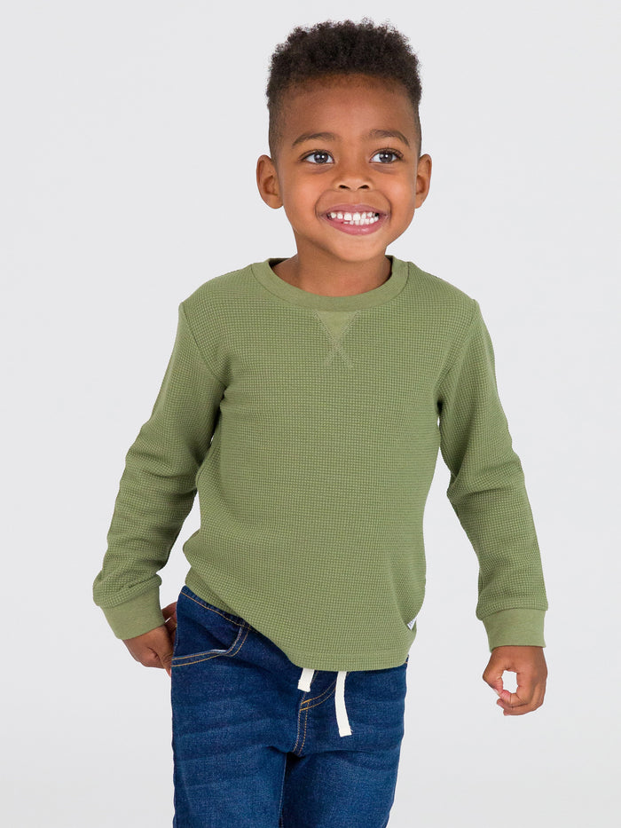 Dusty Olive Waffle Knit Long Sleeve Crew