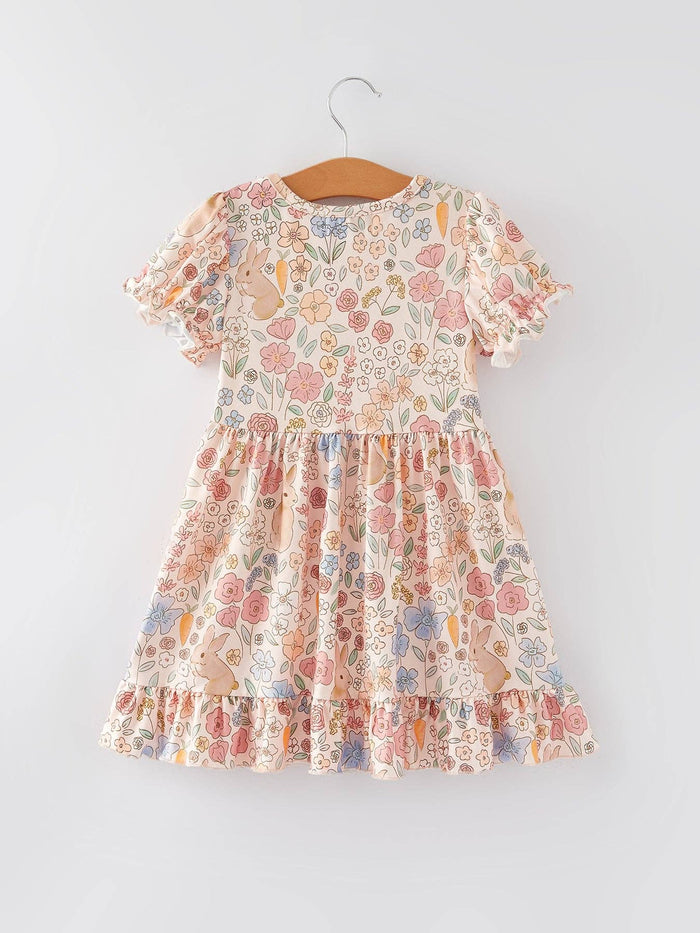 Easter Bunny Floral Puff Sleeves Girls Dress