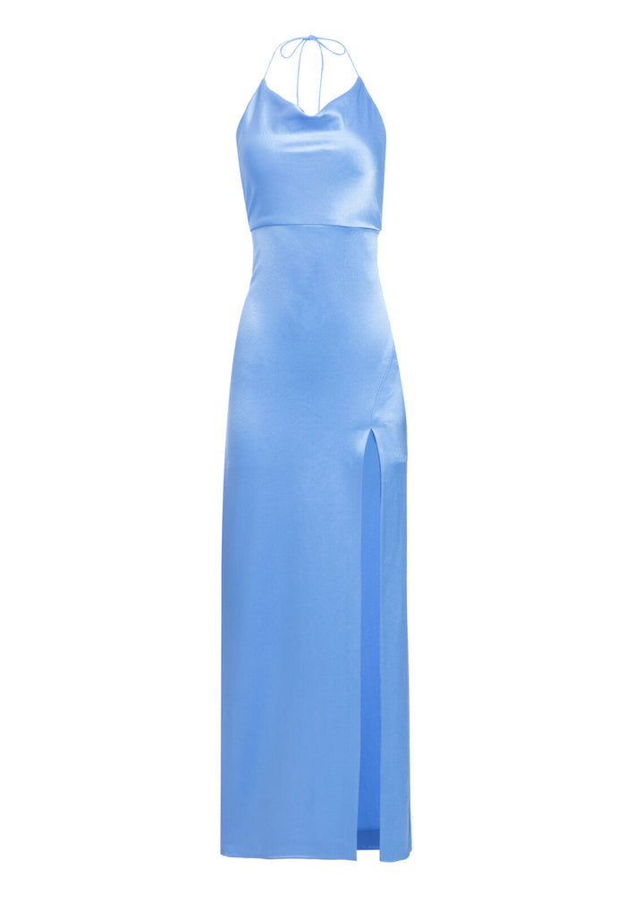 ELIZA COWL NK HIGH SLIT DRESS - CORNFLOWER