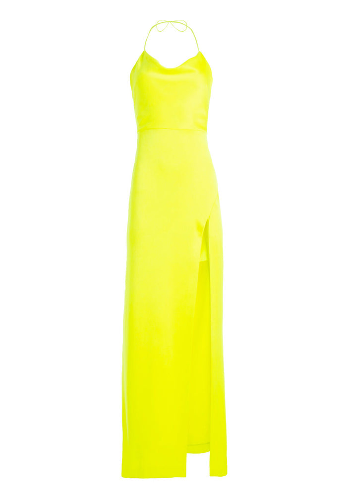 ELIZA COWL NK HIGH SLIT DRESS - NEON YELLOW