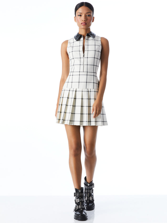 ELLIS ZIP FRONT PLEATED DRESS - OFF WHITE/BLACK