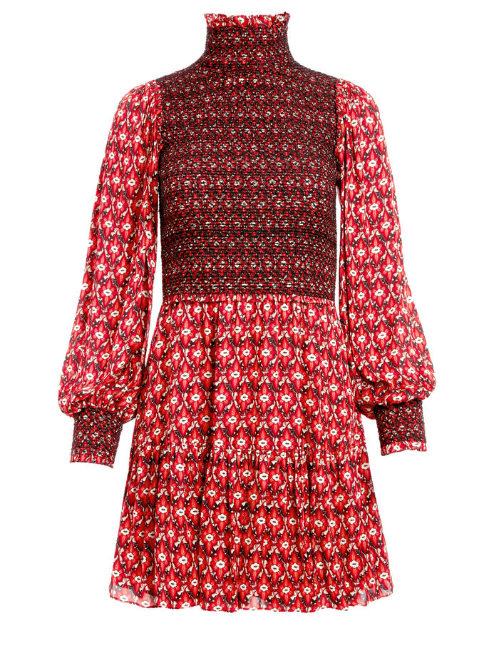 ELVIRA SMOCKED MOCK NECK MINI DRESS - ORNAMENT