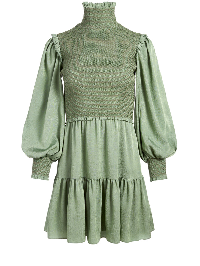 ELVIRA SMOCKED MOCK NECK MINI DRESS - SAGE