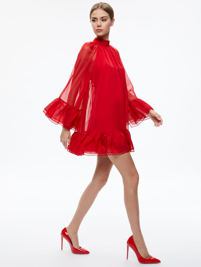 ERNA MOCK NECK CAPE SLEEVE MINI DRESS - PERFECT RUBY