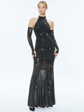 FABIOLA EMBELLISHED HALTER NECK GOWN - BLACK/GUNMETAL