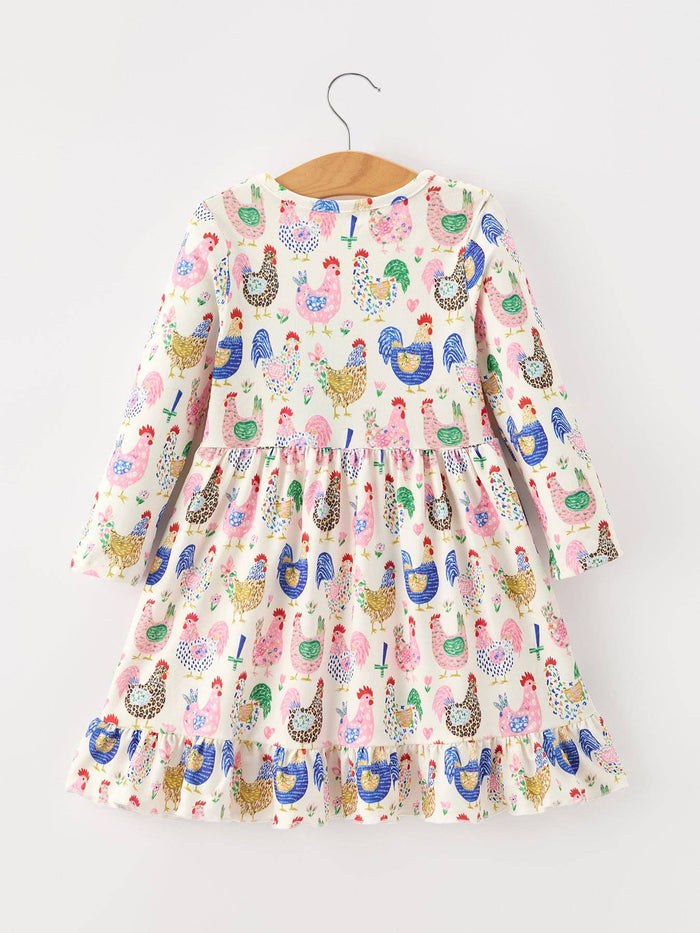 Fall Farm Chicken Print Girls Ruffle Hem Twirl Dress