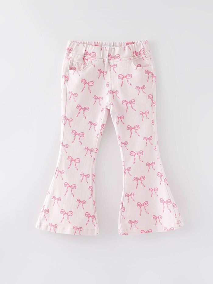 Fall Girls Pink Bow Print Elastic Flared Jeans Denim pant