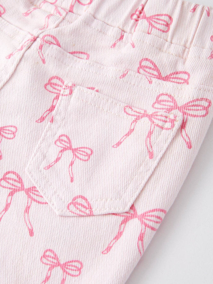 Fall Girls Pink Bow Print Elastic Flared Jeans Denim pant