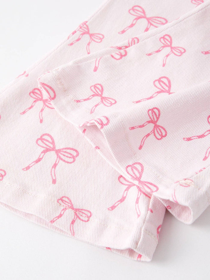 Fall Girls Pink Bow Print Elastic Flared Jeans Denim pant