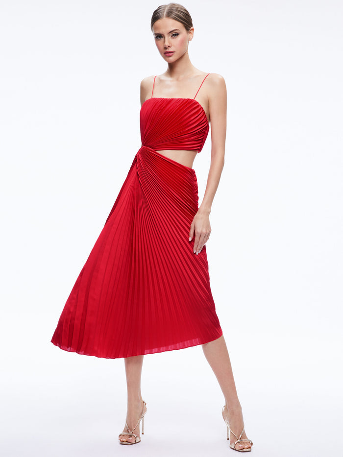 FAYETH CUT OUT ASYMMETRICAL HEM MIDI DRESS - CHILI PEPPER