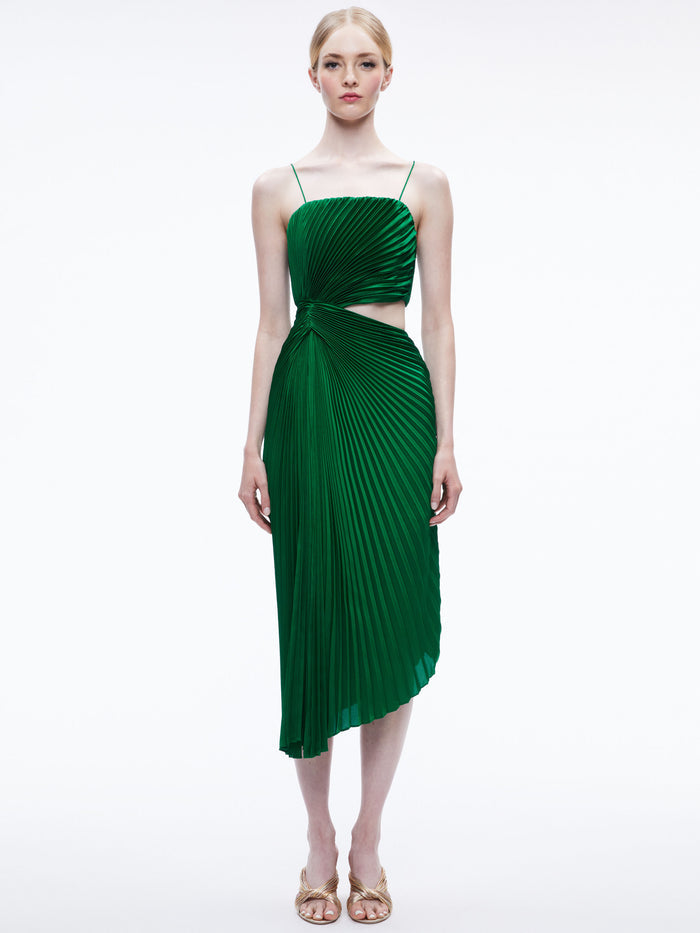 FAYETH CUT OUT ASYMMETRICAL HEM MIDI DRESS - EMERALD