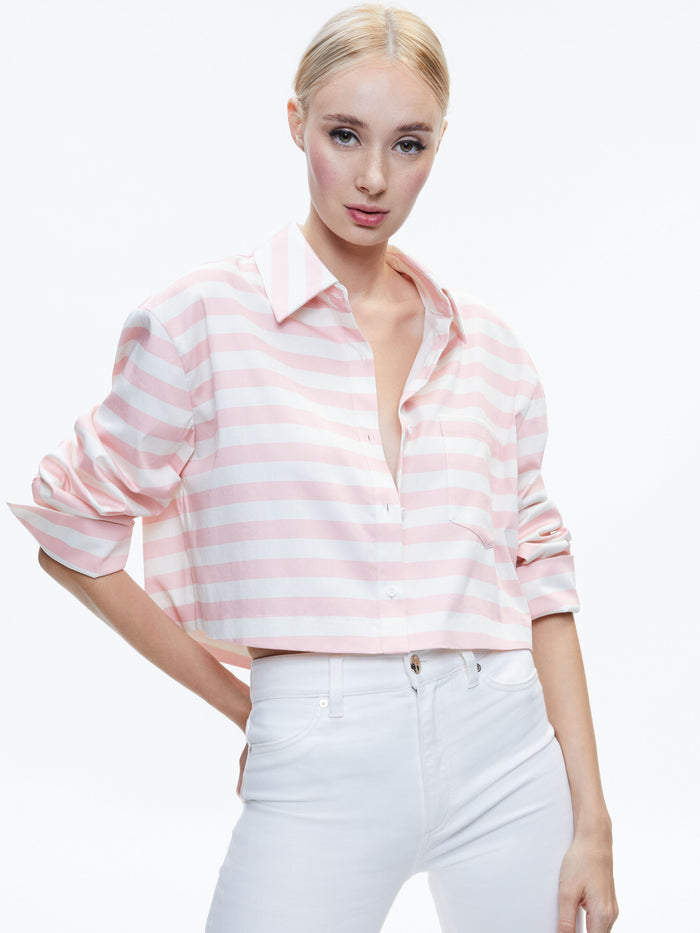 FINELY CROPPED BUTTON DOWN - ADMIRAL STRIPE PINK LACE