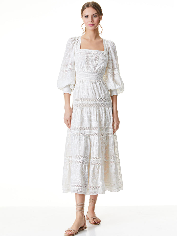 FINLEY EMBROIDERED MIDI DRESS - OFF WHITE