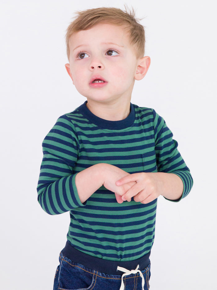 Fir Green & Navy Stripe Crew Neck Pocket Bodysuit