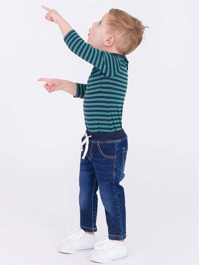 Fir Green & Navy Stripe Crew Neck Pocket Bodysuit