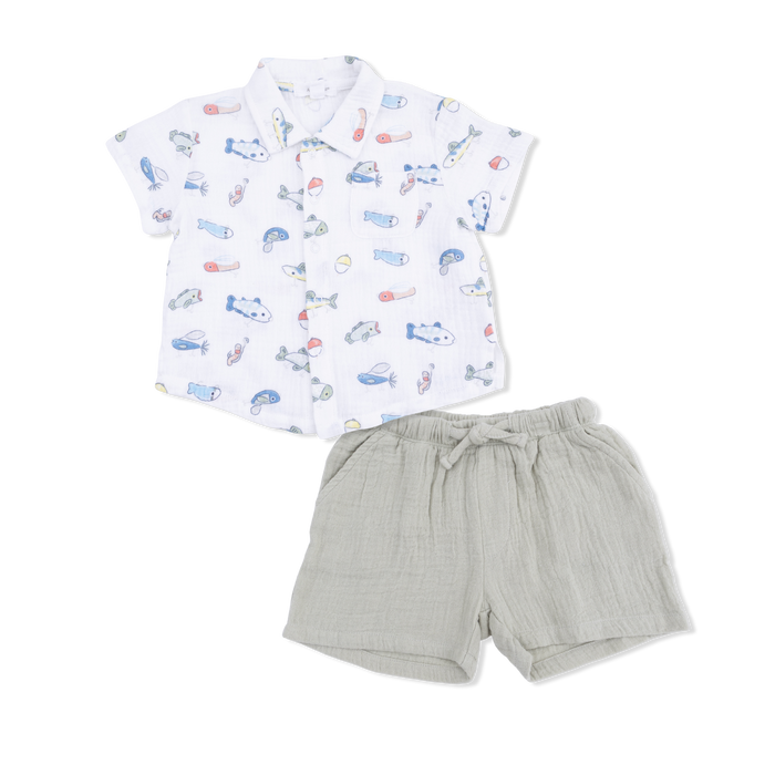Fishing Lures Polo Button Up with Casual Short