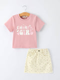 Flower Letter Girl Short Sleeve Top Denim Skirt Set