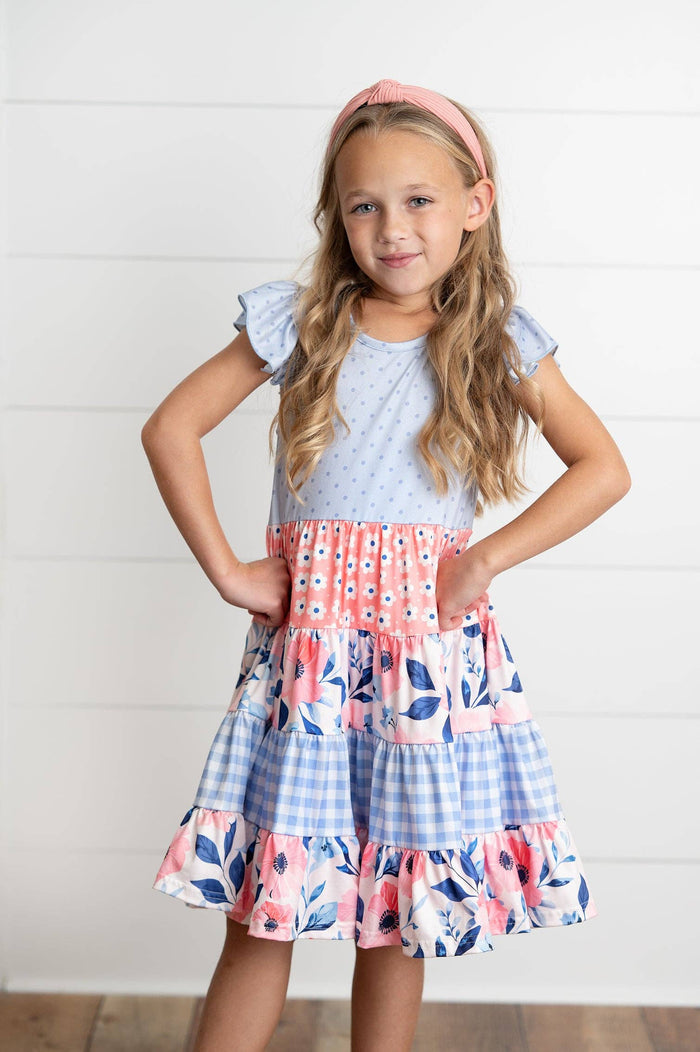Girls Ava Periwinkle Floral Checkered Spring Tiered Dress