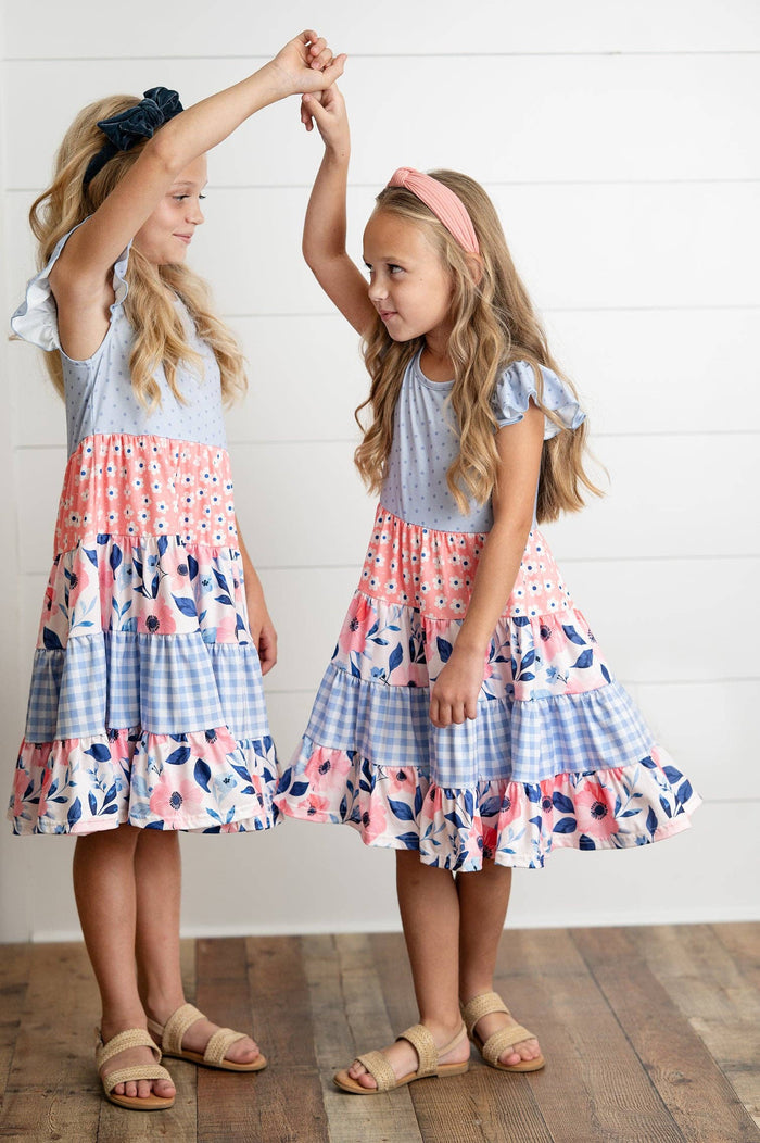 Girls Ava Periwinkle Floral Checkered Spring Tiered Dress
