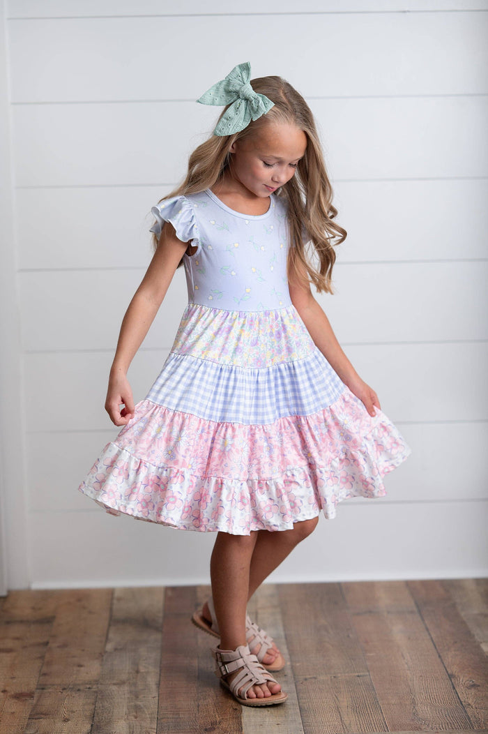 Girls Ava Twirl Lavender Floral Check Spring Tiered Dress