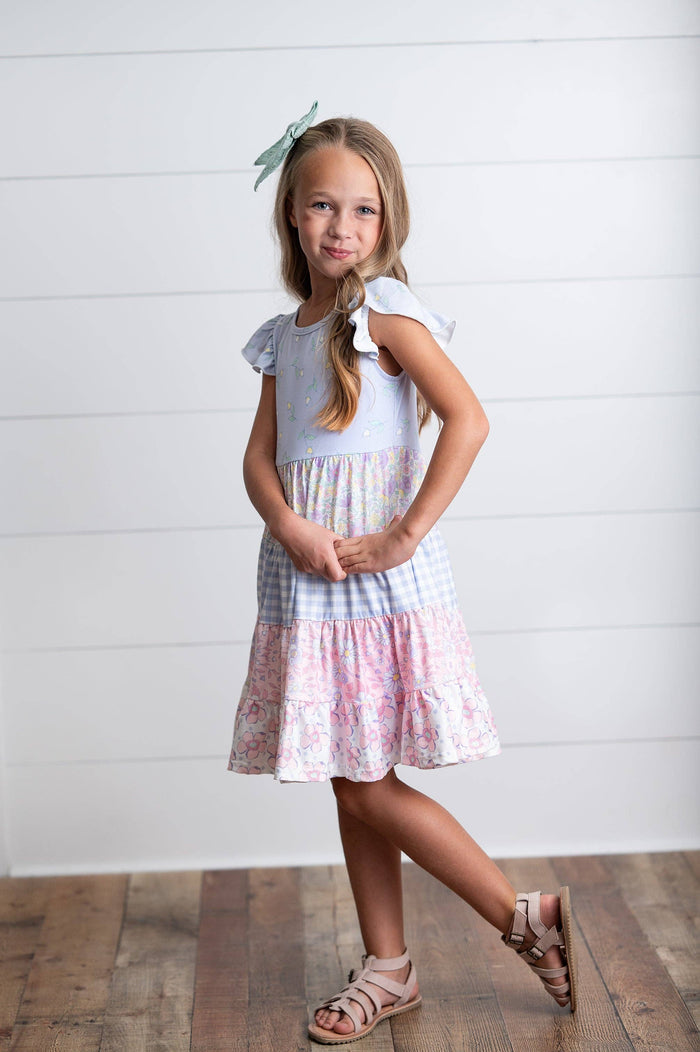Girls Ava Twirl Lavender Floral Check Spring Tiered Dress
