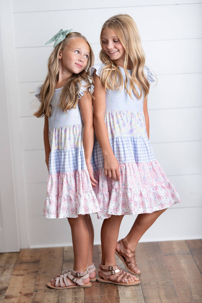 Girls Ava Twirl Lavender Floral Check Spring Tiered Dress