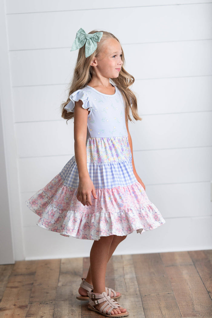 Girls Ava Twirl Lavender Floral Check Spring Tiered Dress