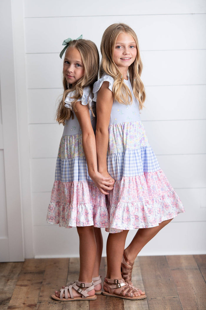 Girls Ava Twirl Lavender Floral Check Spring Tiered Dress